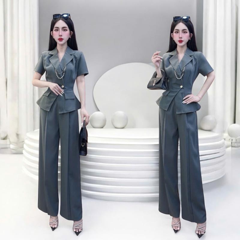 ( Quần dài 102cm ) Set quần áo CRAZYTEEN S6024 gồm áo kiểu vest tay ngắn và quần suông để đi chơi ( Áo vest/ Quần suông ) set đồ sang chảnh nữ