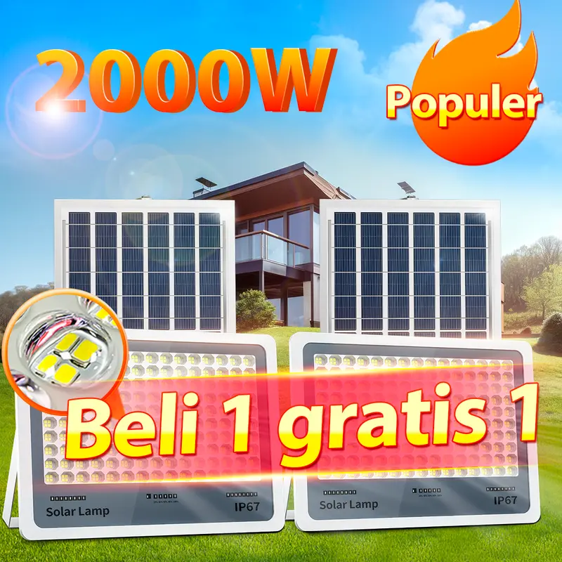 【Beli 1 gratis 1】solar Lampu tenaga matahariLampu tenaga surya Lampu led surya Solar cell Lampu outdoor Super terang  1500W 2000W Lampu sorot solaourtyard Garansi 10 tahun 0 Biaya listrik sepanjang tahun Level tahan air IP67 lampu jalan 0