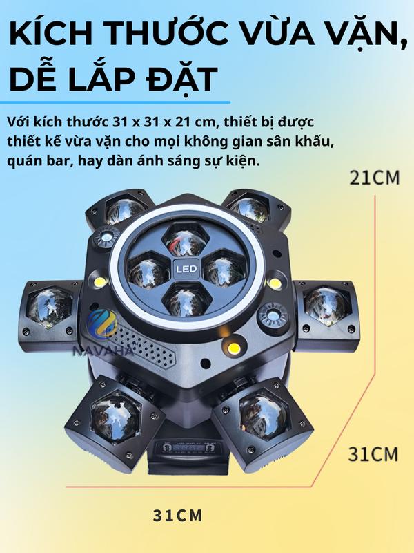 Đèn sân khấu moving 6 cánh 16 mắt viền led có 10 mắt led 4 mắt chớp 2 mắt laser 200W NAVAHA cảm biến âm thanh chớp theo nhạc phòng hát 6