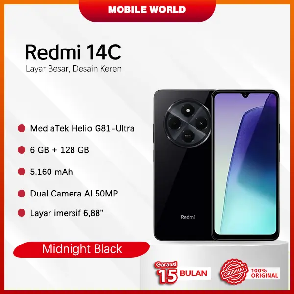 Mobile World Xiaomi Redmi 14C 6 GB/128 GB | Layar 6.88" | Refresh rate 120 Hz | 50 MP dual kamera | Baterai 5.160 mAh 1