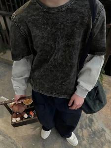 メンズ 長袖 グラフィックTシャツ カジュアルルーズフィット ラウンドネック トップ 春秋ファッション コントラストデザイン コットンブレンド