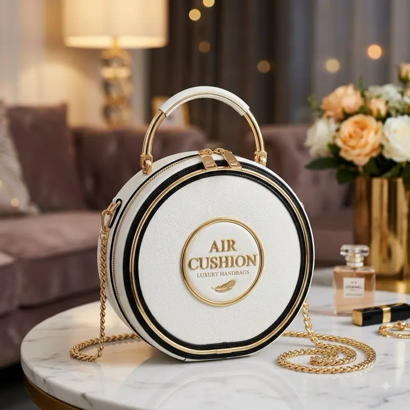 Air Cushion Bag - Tas Tangan Mewah dengan Desain Bulat dan Tali Rantai Emas untuk Gaya Elegan
