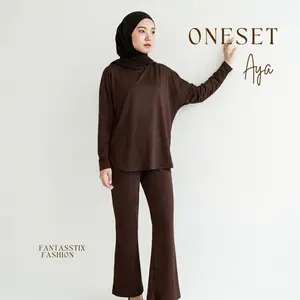 FX - SETELAN AYA - Setelan Celana Kaos Polos Wanita Oversized Fit List Bahan Knit Casual Desain Polos Nyaman