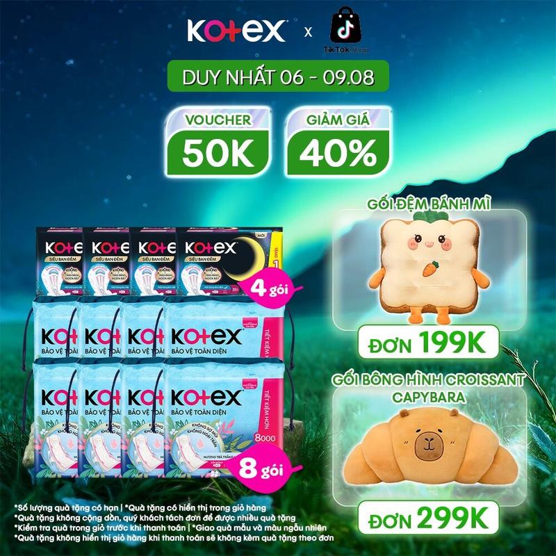 [QUÀ TẶNG HOT] Combo 8 gói băng vệ sinh nữ Kotex Bảo Vệ Toàn Diện 23cm Siêu Mỏng Cánh 20 miếng/gói + combo 4 gói BVS Kotex Siêu Ban Đêm 35cm Đệm bông 8+1 miếng, khô thoáng, thấm hút nhanh, chống tràn​, khử mùi, bvs kinh nguyệt nhiều, chính hãng, tampon​