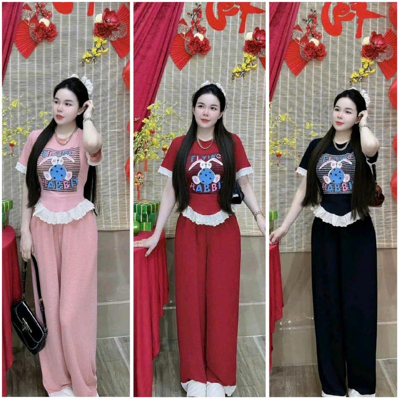 Bigsize 60-90kg Set bộ thun gân tăm áo tay phối ren in hình cho nữ, Bộ đồ áo thun tăm gân in hình cổ tròn + quần suông dài lưng thun- Nhyy Shop
