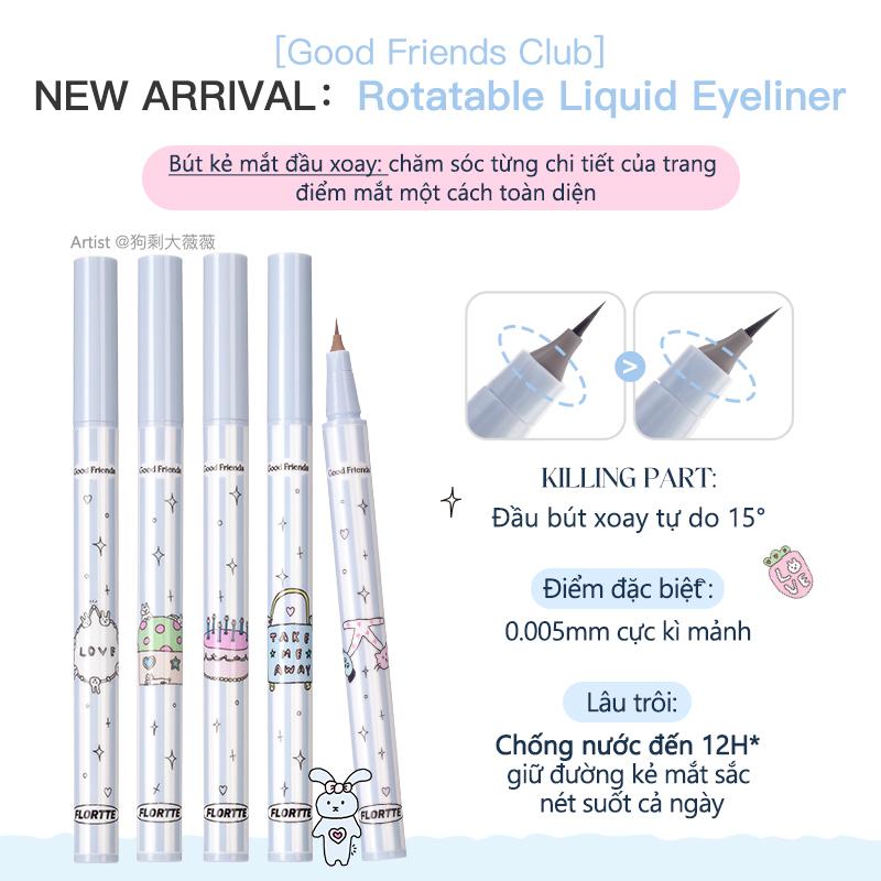 Flortte Friends Club Series - Bút kẻ mắt đầu xoay, không dễ lem, chống nước, chống mồ hôi, lâu trôi, mỹ phẩm trang điểm mắt, 5 màu để lựa chọn, 0,5ml