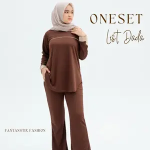 FX - Setelan Celana Kaos Polos Wanita Oversized Fit List Bahan Knit Casual Desain Polos Nyaman