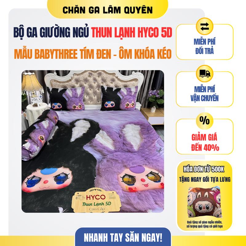 MẪU BABYTHREE TÍM ĐEN - BỘ GA GIƯỜNG NGỦ THUN LẠNH HYCO 5D ÔM KHÓA KÉO Thú Bông Thú Nhồi Bông Đồ Chơi Toy Phát Nhạc Voi