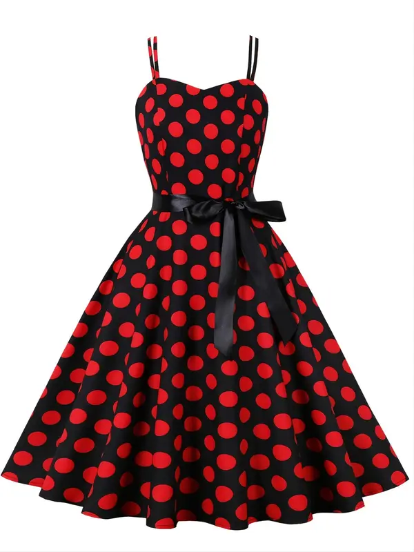 Women's Polka Dot Print Double Strap Tie Front Cami Dress, Elegant Sleeveless Midi Dress for Holiday Vacation Party, Ladies Clothes, Dresses Summer 0