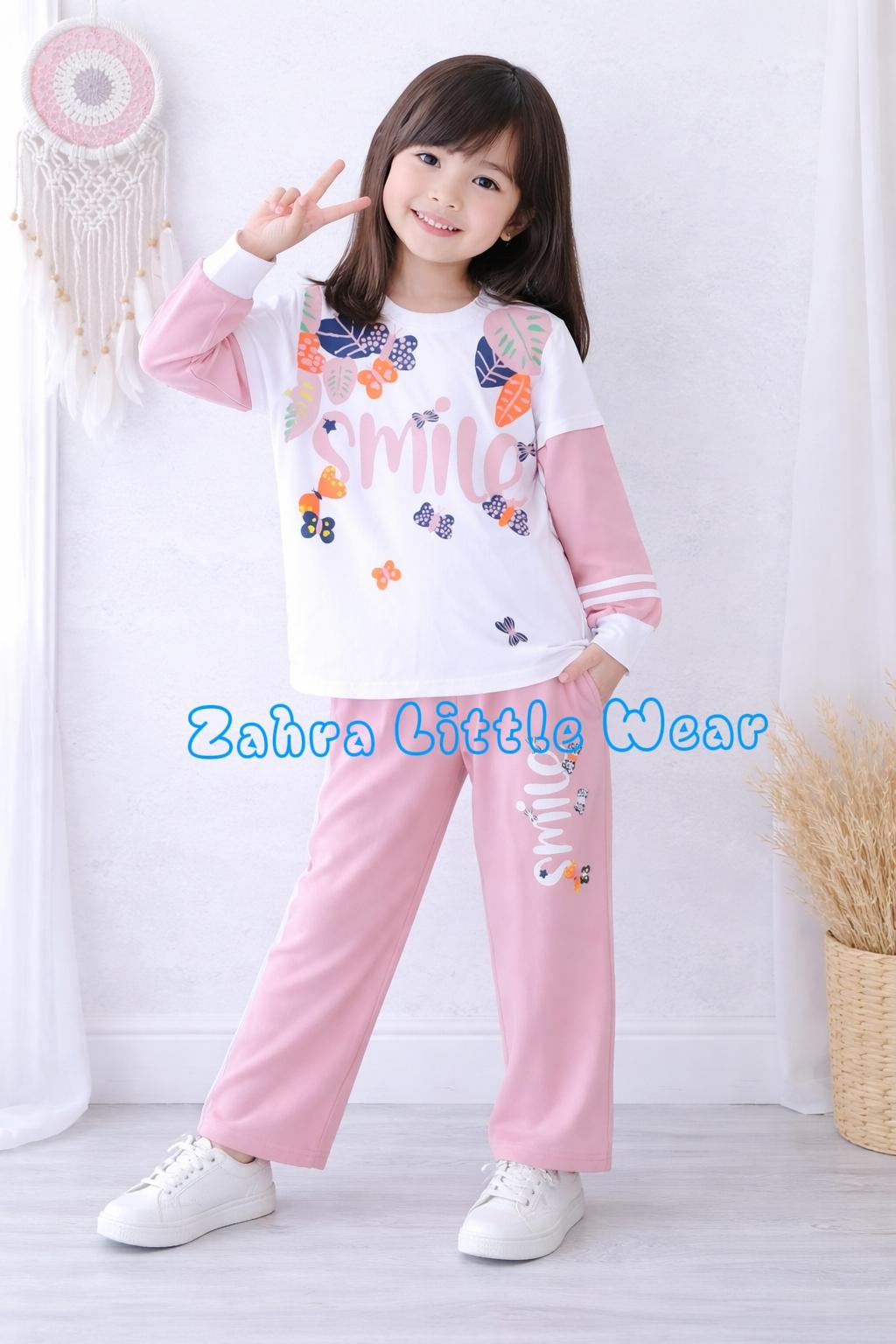 SETELAN FASHION PARSEL SWEATER MOTIF  SMILEE ANAK PEREMPUAN LARIS//MURAH//BAGUS//TEBAL//ADEM//NYAMAN//VIRAL BAHAN BABYTERRY READY DARI USIA 1-12 TAHUN ANAK BUNDA