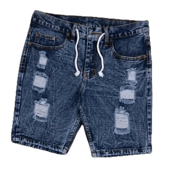 Celana Pendek Jeans Sobek Pria Dewasa Elegan Terbaru  Distro Denim Nyaman Fit Tebal Cowok Tali Panjang Ripped Slim Hitam 5
