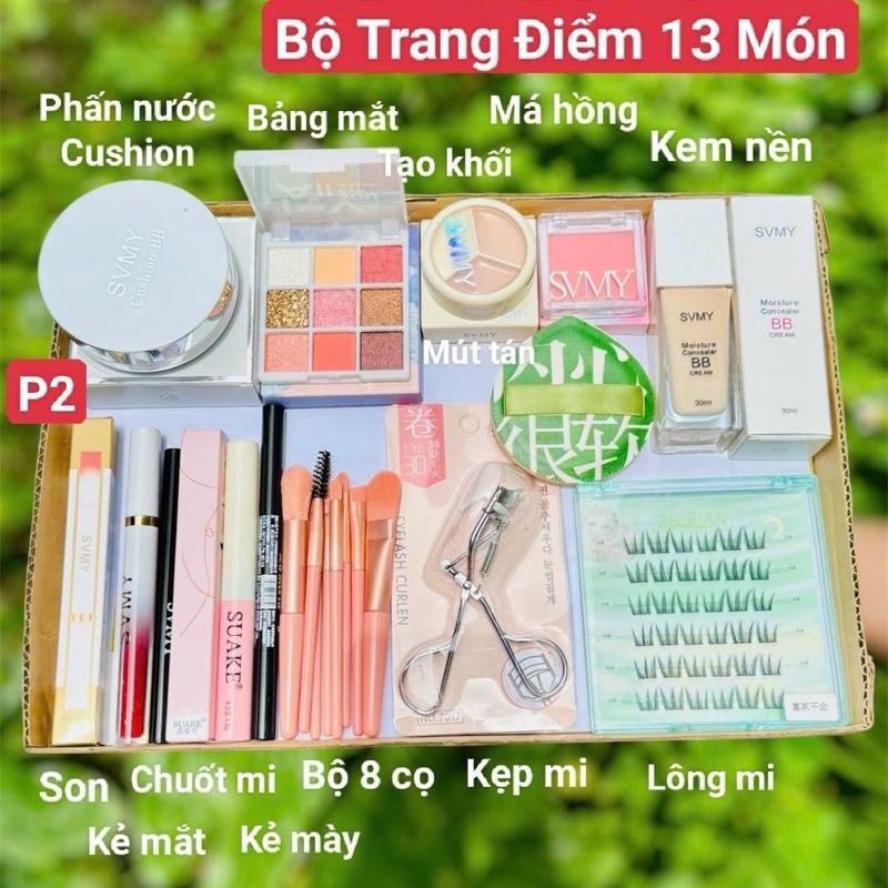 Bộ Trang Điểm 13 Món P2 Dành Cho Người Mới Tập Makuep,Trang Điểm Cơ Bản Đi Chơi,Đi Tiệc Bao Gồm Đầy Đủ Lông Mi Sẵn Chân Keo,Phấn Nước,Son Kem,Kem Nền,Mút Tán....