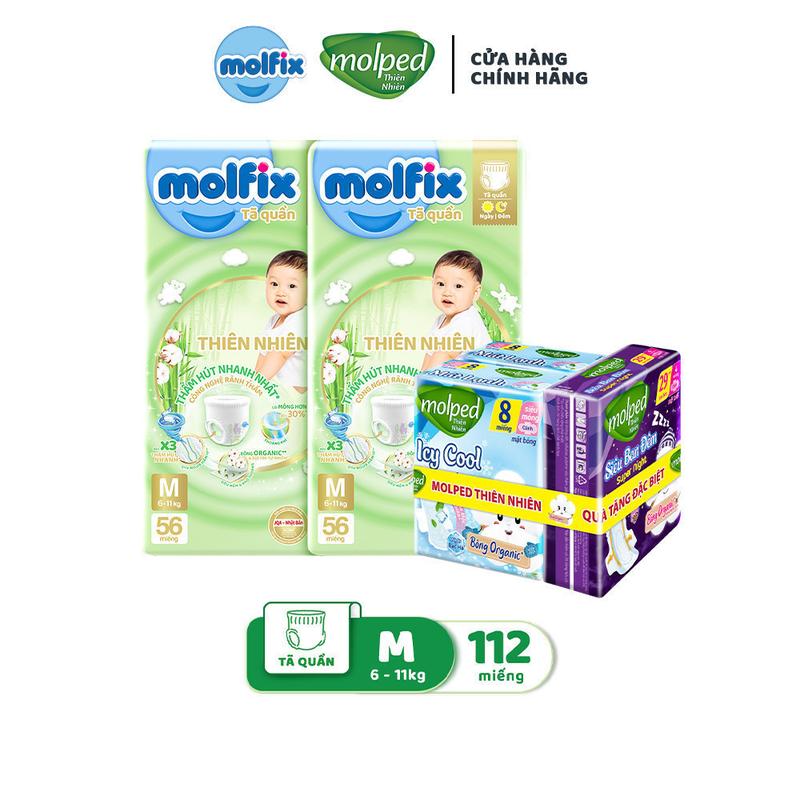 Mega Jumbo kèm Molped Combo 2 Tã bỉm quần Molfix Thiên nhiên Super Jumbo M L XL XXL + Combo 2 Gói 8 miếng Molped Siêu mỏng Mát lạnh có cánh tặng kèm Gói 4 miếng Siêu ban đêm có cánh 29cm Bao bì thay đổi theo từng đợt nhập hàng