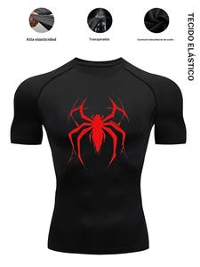 Camiseta de hombre de compresión secado rápido con estampado de araña, 1 pieza; camiseta base deportiva alta elasticidad y transpirable que absorbe la humedad para gimnasio, fitness, running, entrenamiento, ejercicio diario.
