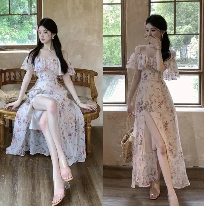 HMC- D1650 CARINDA KOREAN STYLE FLORAL VINTAGE MIDI DRESS SABRINA PANTAI BALI LIBURAN JALAN MANIS SANTAI 0
