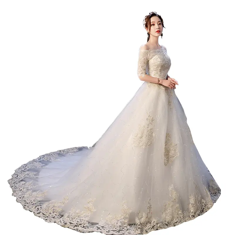 Wanita Maxi gaun pengantin dari renda putih pesta pernikahan Ekor Panjang Short Sleeve Long Tail Women White Lace Wedding Dresses Maxi Bride Gown 6