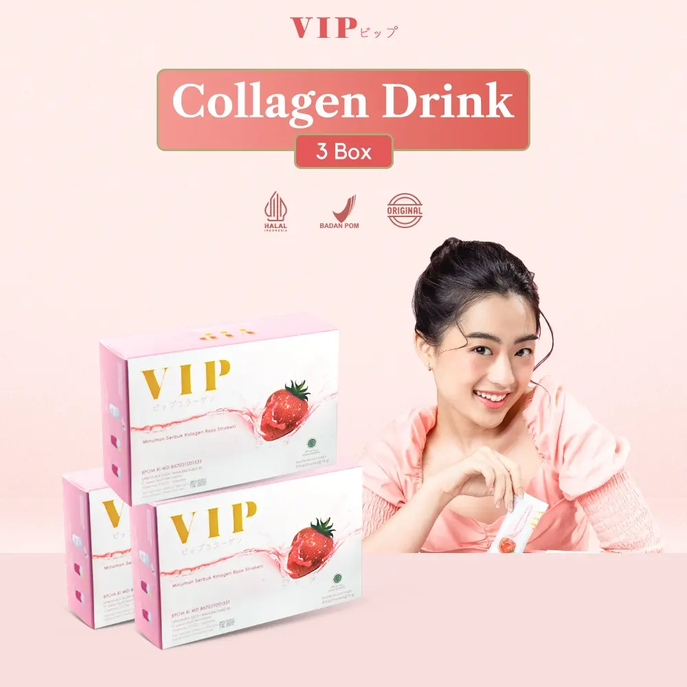 VIP Minuman Kolagen Premium Paket Sehat 3 Box | Minuman Kolagen Untuk Kulit, Kuku, & Rambut | Dengan fish collagen untuk mencerahkan | BPOM & HALAL