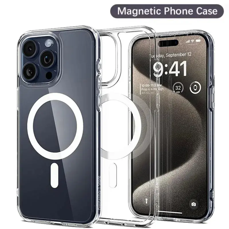 Luxury Clear Magsafe Case Protection For iPhone 15 14 13 12 11 Pro Max Mini Magnetic Wireless Charging Cover For iPhone X XR XS 7 8 Plus Original Shockproof Casing Accessories
