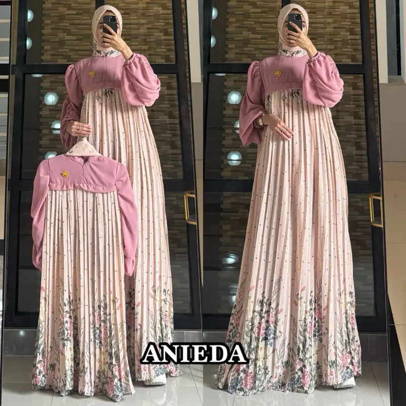 Hana Set Hijab couple Ibu dan Anak Segiempat-Plisket Cerruty Babydool Armany By Anieda Navy