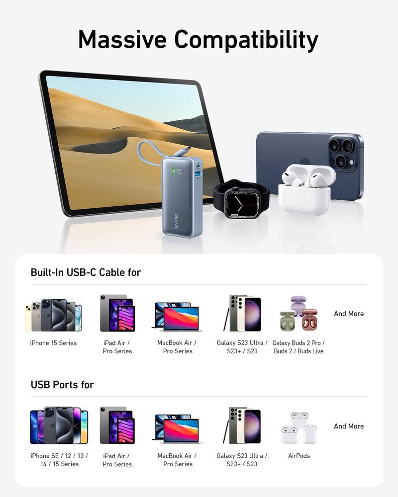 Product Introduction of Anker Nano Power Bank 10,000mAh (30W ,Built-In USB-C Cable) Super Large Capacity Portable Mobile Power PD Fast Charge 8
