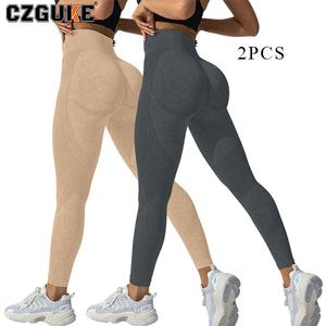 CZGUKE Pantalones de yoga para mujer sin costuras, paquete de 2 pzas, cintura alta con efecto realce de glúteos, ajustados y ceñidos a la cadera, con letras y lavado sandblasted, aptos para gimnasio y deportes al aire libre