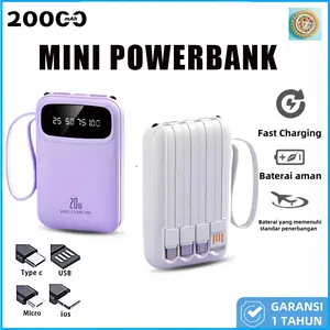 【Sistem pengisian cepat】 Powerbank 20000mAh Mini With 4 Kabel Data Type C Micro USB Fast Charging LED Senter Display