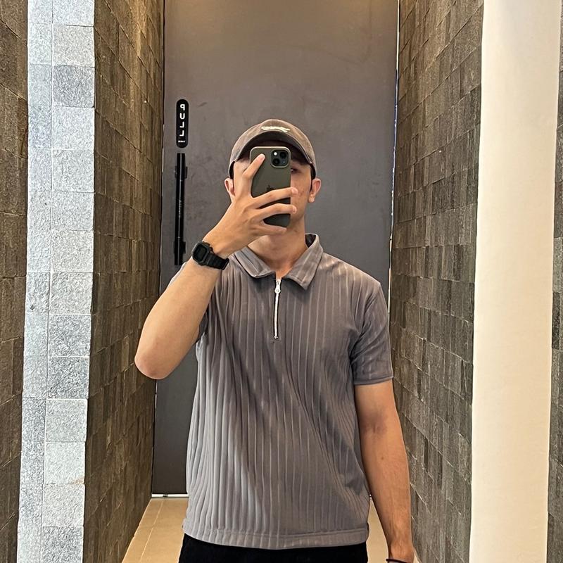 Kaos polo shirt zipper pria Korean Knit baju Polo Shirt Pria Salur Besar resleting Dengan Cutting Slim Fit Kerah Pendek polos half zipper 7