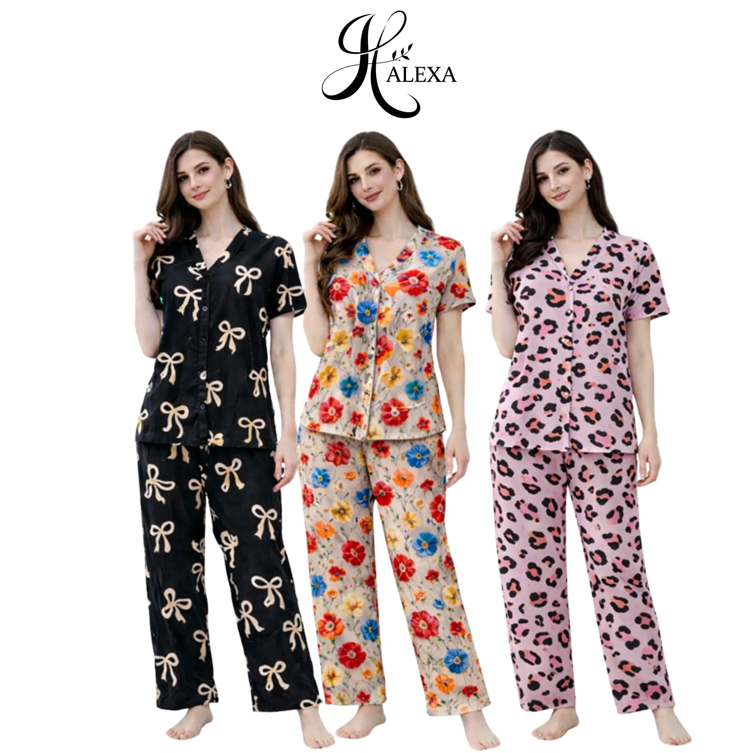 Alexa - Baju Tidur Piyama One Set Setelan Vneck Wanita Lengan Pendek Busui Rayon Premium Kekinian
