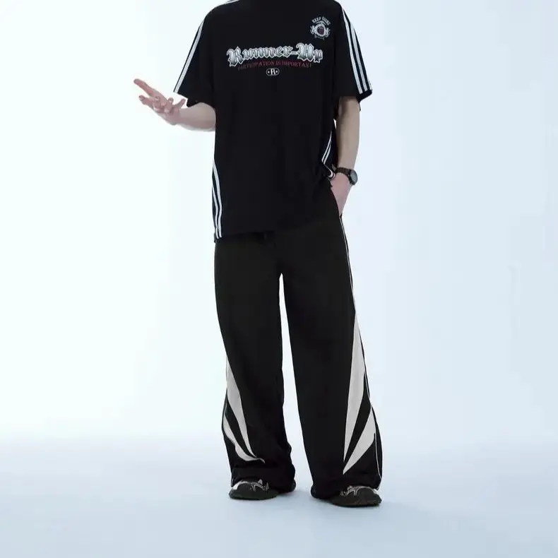 OVERFLOWSTUFF Retro Patchwork wide-leg Pants Trendy Water-Repellent Track pants Sportsweat 2