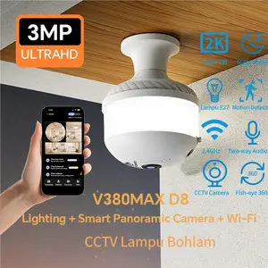 V380 PRO MAX D8 CCTV WIFI  2-in-1 Kamera Pengawasan + Lampu Kamera pengawas panoramik Fisheye 2K Kamera Pengawasan CCTV WIFI Kamera