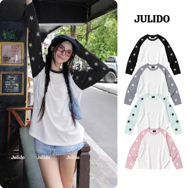 Áo Thun Tay Dài Raglan Họa Tiết In Kiểu Vintage Ngôi Sao Form Boxy chất liệu vải Waffle JULIDO