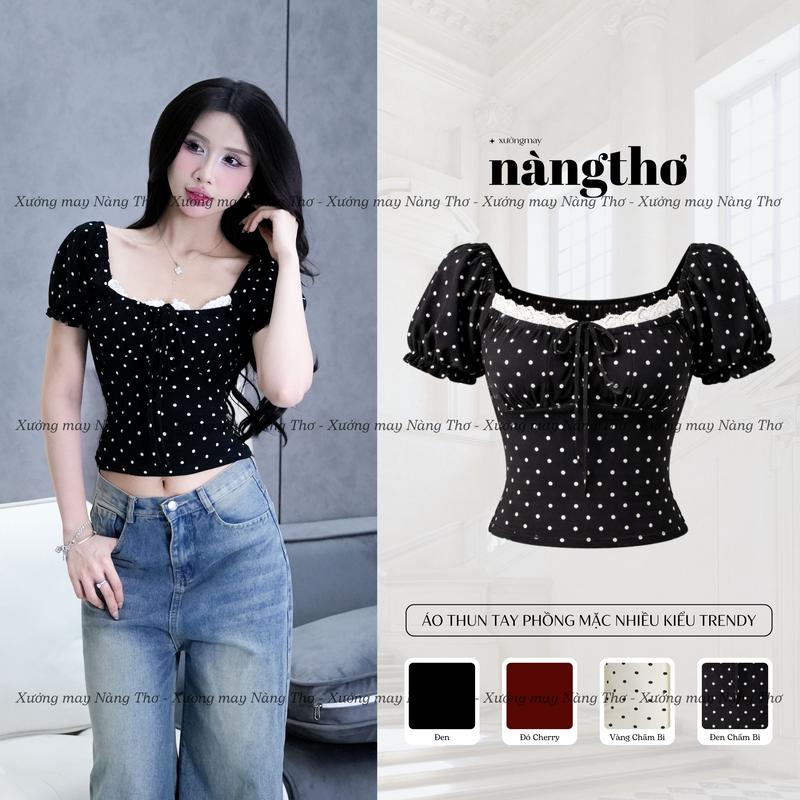 742 Mặc Nhiều Kiểu Áo Thun Kiểu Nữ Y2K Phối Ren Ôm Body Tay Phồng Chất Cotton Mịn