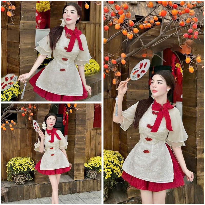 Sét đồ nữ áo cổ nơ tay lửng chất ren thêu xẻ tà bên hông kèm chân váy ngắn xòe phù hợp mặc đi chơi và lễ tết
