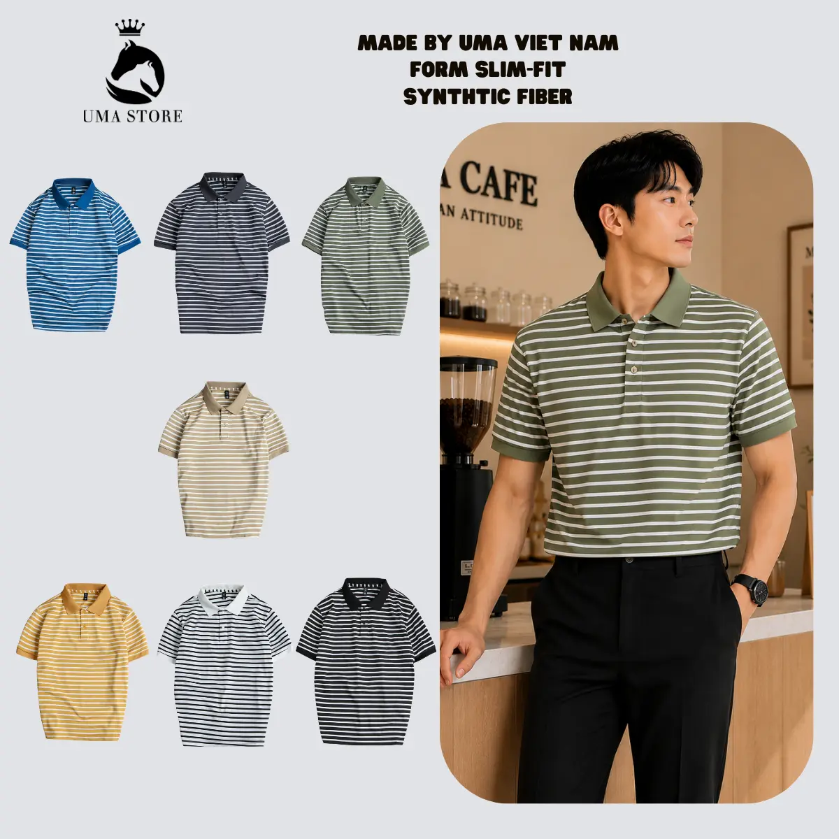 UMA STORE Polo sọc kẻ ngang vải Pique cổ bẻ Form Regular Menswear Ngắn Tay Đen Trắng POLOUMAOR Chất Cá sấu ấm áp co dãn 4 chiều không nhăn