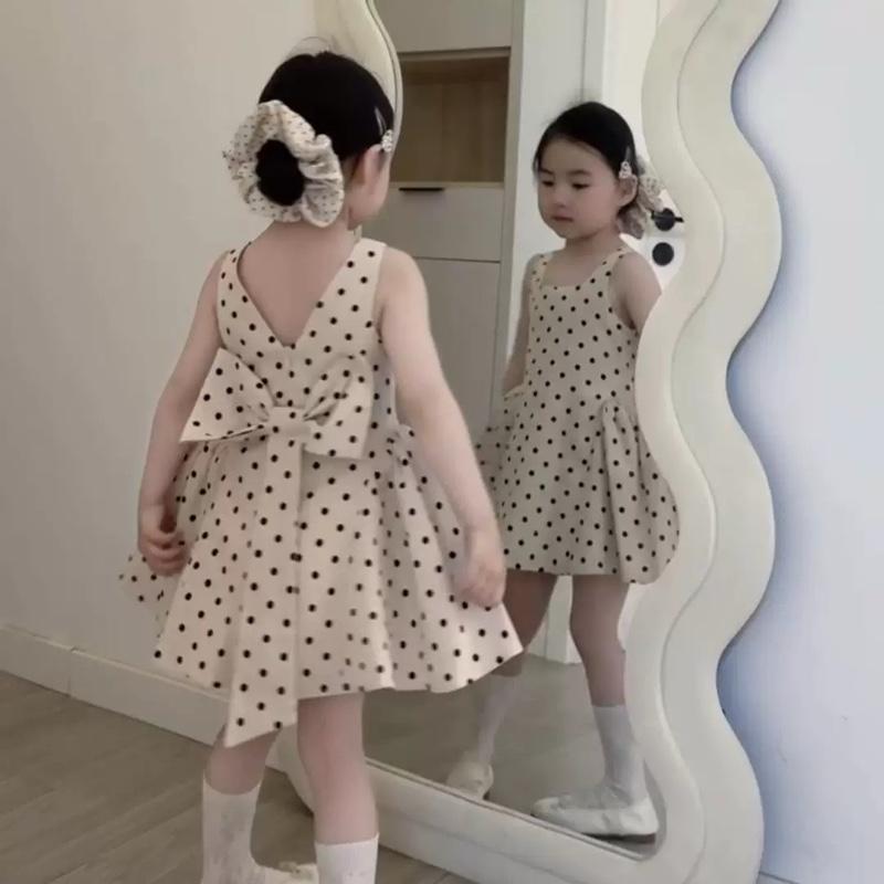 MỘC BABY STORE -V33 Váy Công Chúa Đầm Chấm Bi Màu Cà Phê Sữa Sát Nách Đính Nơ Cho Bé Gái Chất Lụa Mềm May Hai Lớp 12-38kg Vayxinh Chobe Damvay Vaydongian