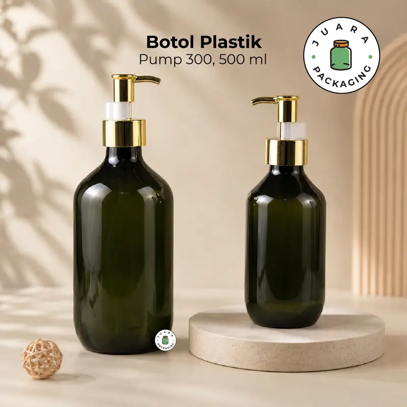 Botol Plastik Hijau Pump Gold 500ml 300ml – Wadah Sabun Cair Lotion Shampoo Skincare Minyak Aromaterapi Refill Botol Kosmetik Isi Ulang Tebal Elegan dengan Tutup Pump Warna Emas Premium