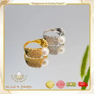 C003 Cincin mutiara adjustable yang elegan dengan sentuhan mata zirkon cantik dan modis