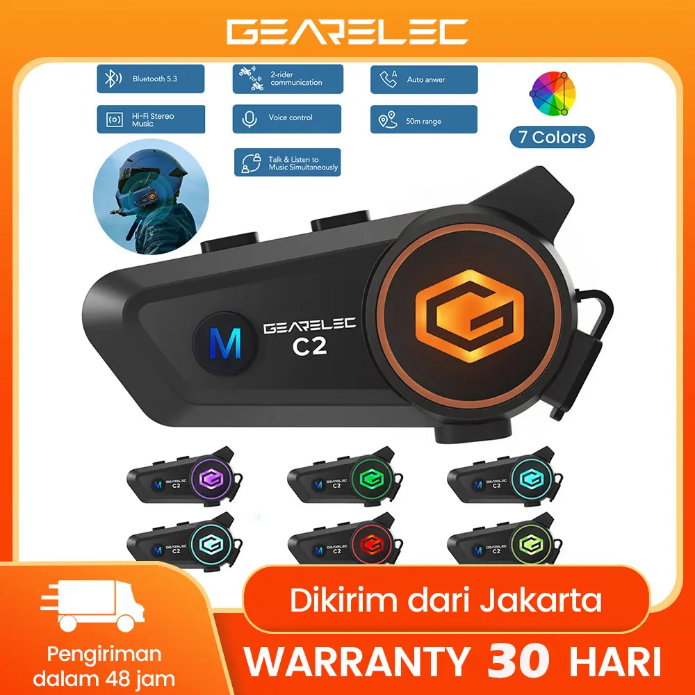 GEARELEC C2 Helm Sepeda Motor 5.3 Headset Intercom Bluetooth 50M 2-Rider IP67 Tahan Air Sistem Komunikasi Nirkabel BT with Lampu Multiwarna