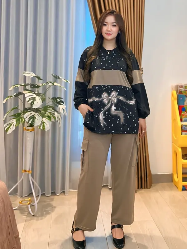 Setelan Cargo Lengan Panjang Oversize Terbaru LD 120 CM Setelan Wanita Atasan Lengan Karet dan Celana Cargo Fashion Muslim SR5632 4
