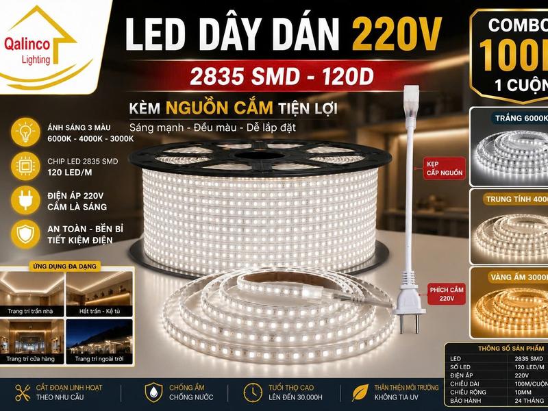 Combo 10M LED Dây Dán 220V  2835 120D Siêu Sáng - Tặng Chui Cắm - Chống Nước IP65