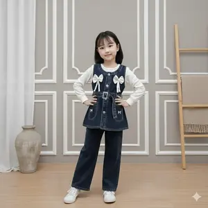 Nayyara Setelan 3 in 1 Jeans Snow Black Mix Brukat Rompi Pita Anak Perempuan Usia 3-12 Tahun Model Nayyara Jeans Mix Brukat Rompi Pita Koreans Style Celana Jeans