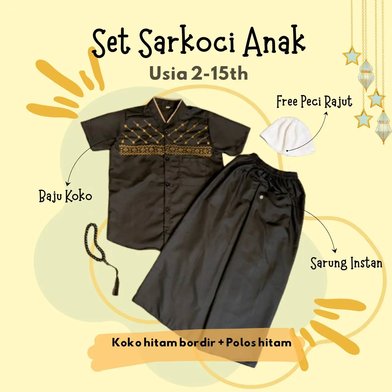 Bordir Hitam + Polos Hitam + Peci