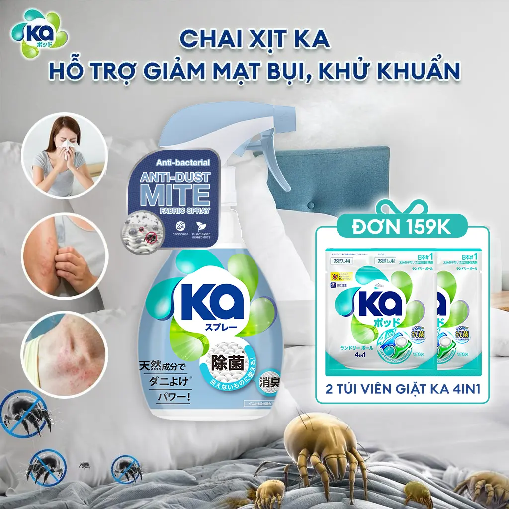[DUY NHẤT 4-6/5]Chai Xịt KA Hỗ Trợ Giảm Mạt Bụi Nhà (320ml/Chai) - Dành Cho Giường, Nệm, Sofa, Rèm Cửa, Chăn, Ga, Gối, Đệm
