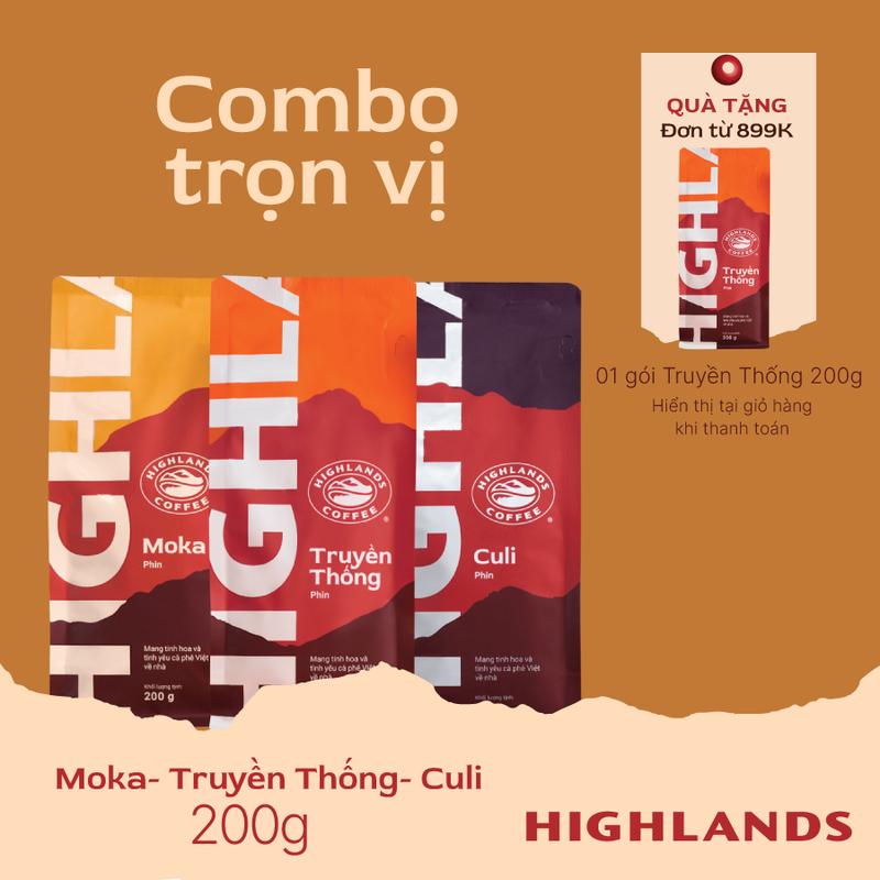 [Combo Trọn Vị] Bộ 3 Cà phê rang xay Culi, Moka, Truyền Thống Highlands Coffee 200g Cafe