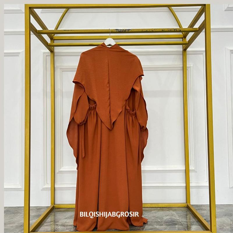 Gamis Zahra Set Bergo Syar'i Dress Wanita Muslim Bahan Crinkle Airflow Panjang Balon Dewasa Lebaran Elegant Brown  Syari Mewah 6