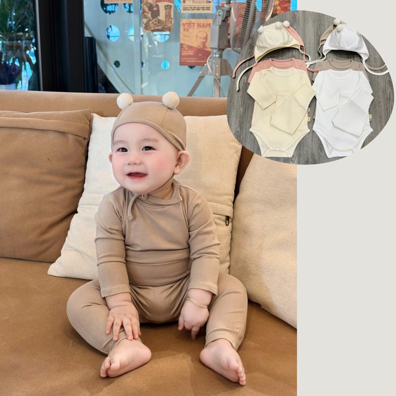  Set Body dài tay mũ cục bông kèm quần cạp cao không chun cho bé trai bé gái bé sơ sinh 