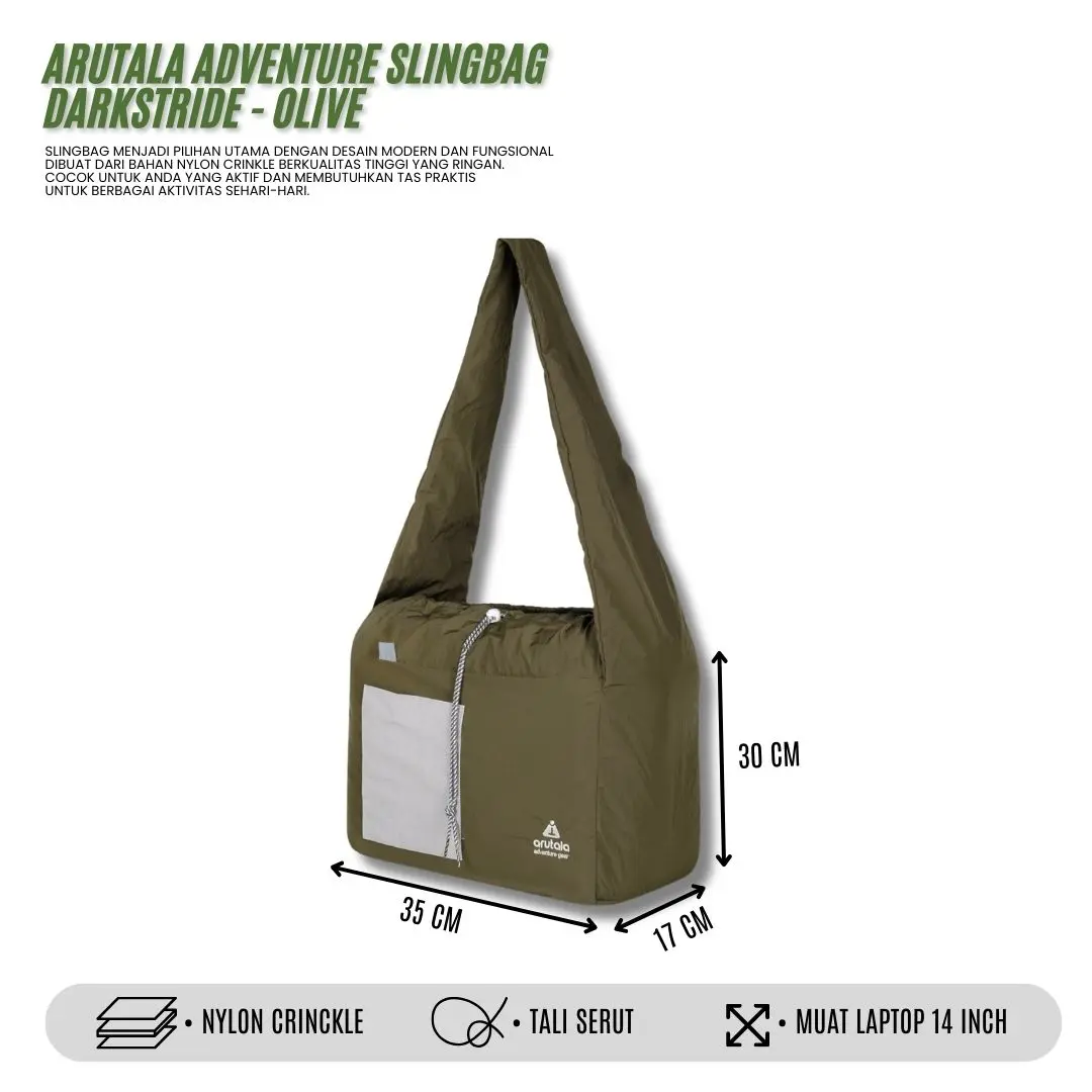 Tas Selempang Arutala Adventure Darkstride Olive Waterproof untuk Pria dan Wanita
