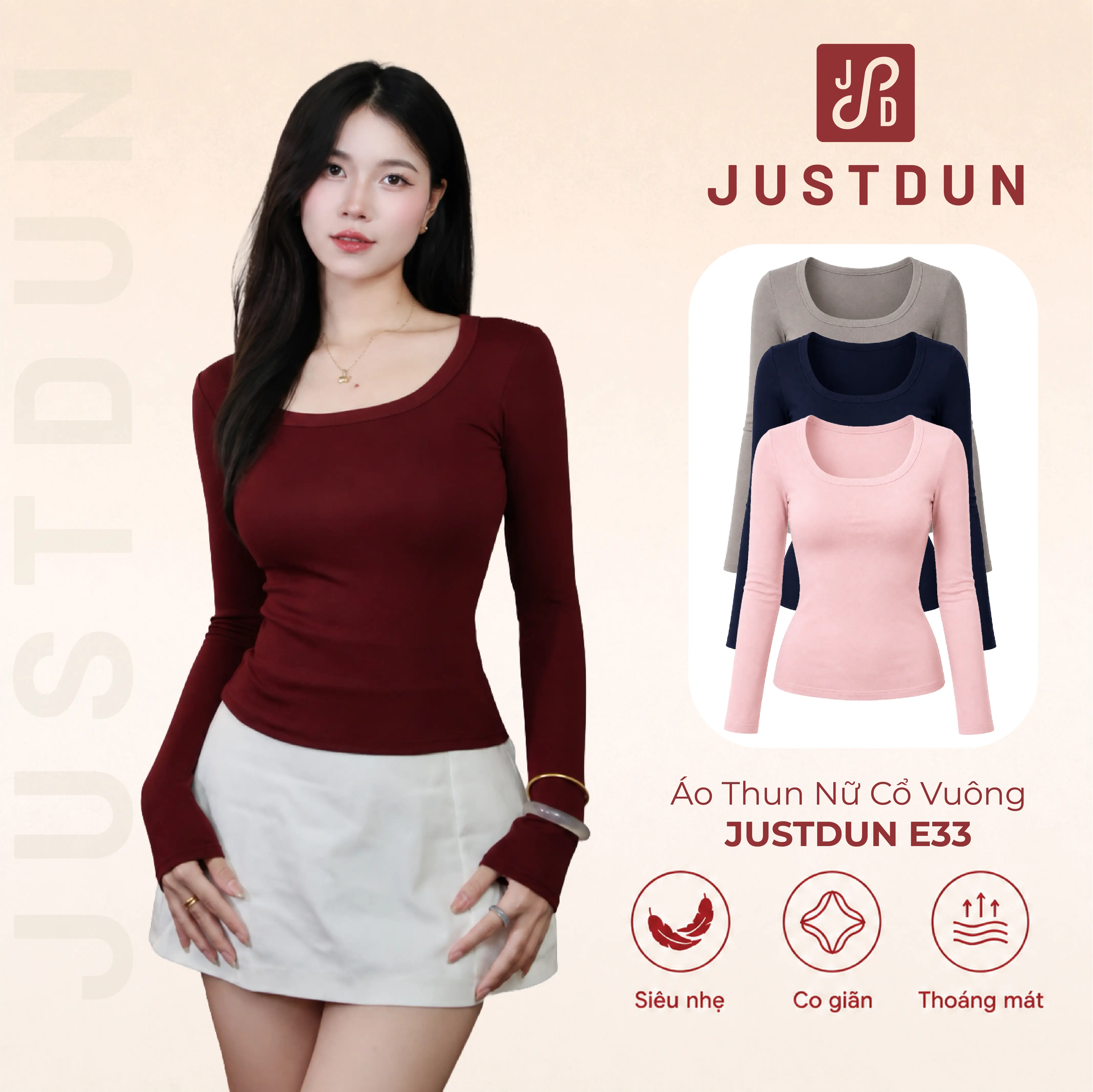 JUSTDUN Áo Thun Nữ Cổ Vuông Dài Tay JUSTDUN E33 - Siêu Co Giãn, Cotton Mịn, Mềm Mại, Dày Dặn, Tôn Dáng
