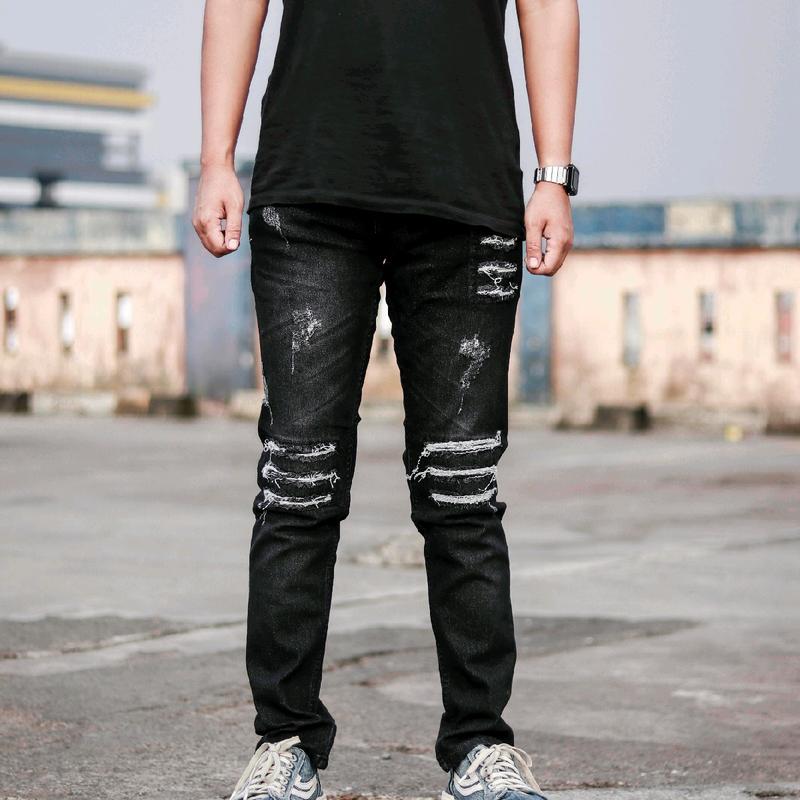 Celana jeans sobek pria black Panther XO21 / celana jeans panjang pria sobek Denim Slim Ripped Hitam Nyaman Slimfit Skinny Stretch Melar 3