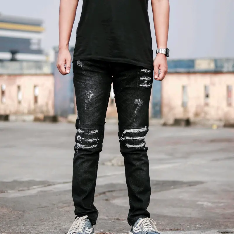 Celana jeans sobek pria black Panther XO21 / celana jeans panjang pria sobek Denim Slim Ripped Hitam Nyaman Slimfit Skinny Stretch Melar 2